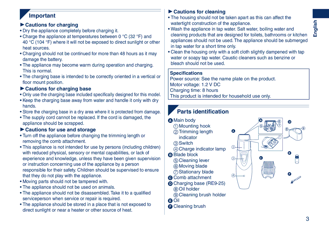 Panasonic ER2405 operating instructions Parts identification 