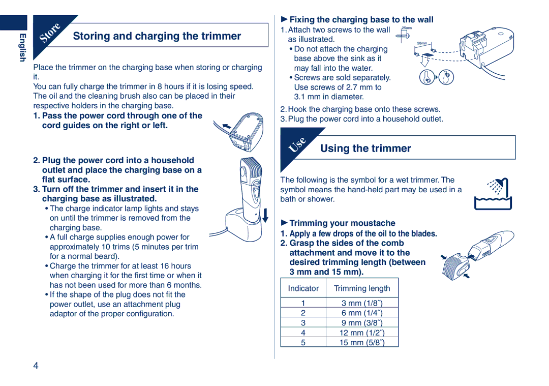 Panasonic ER2405 operating instructions Storing and charging the trimmer 