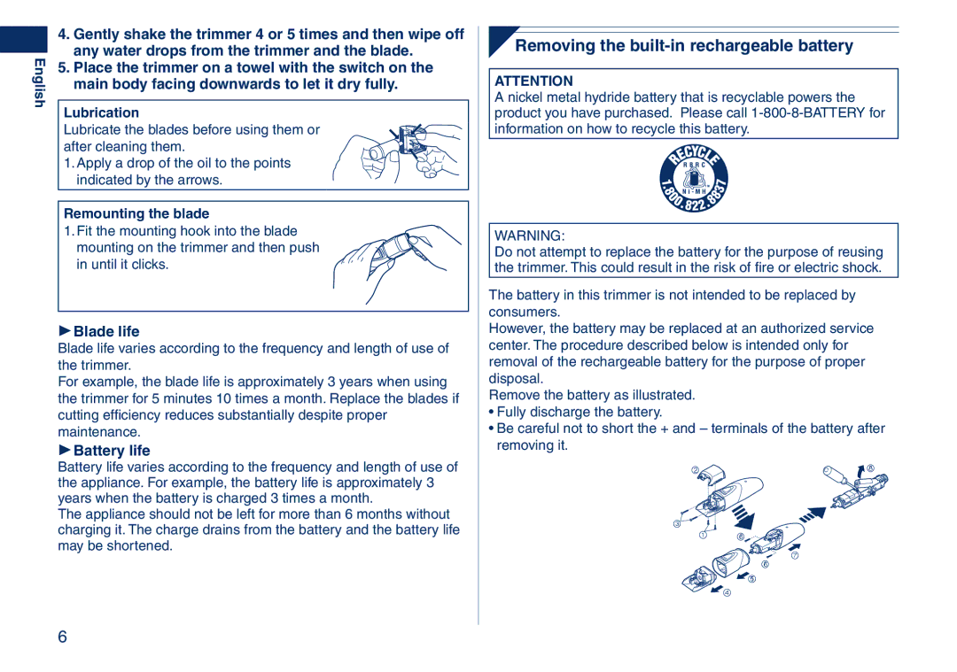 Panasonic ER2405 operating instructions Removing the built-in rechargeable battery 