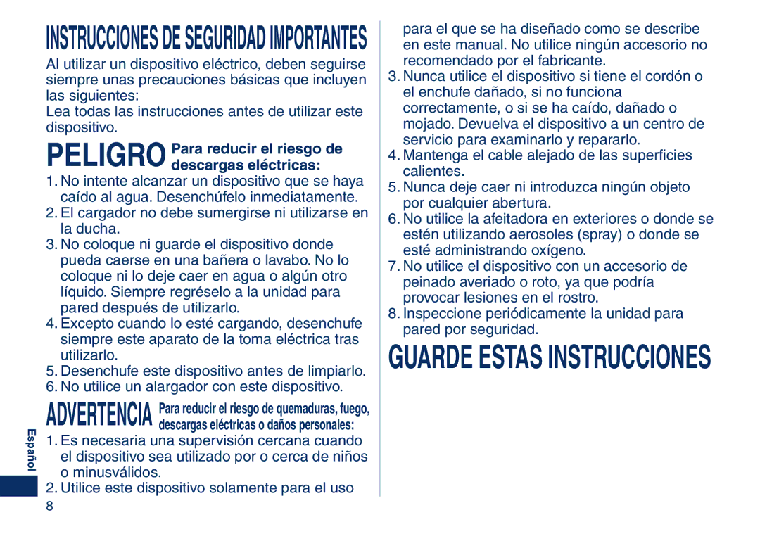 Panasonic ER2405 operating instructions Guarde Estas Instrucciones 