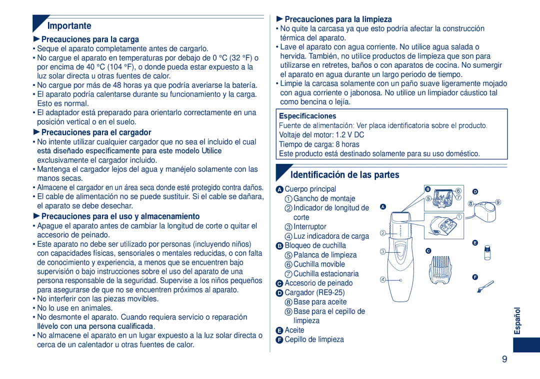 Panasonic ER2405 Precauciones para la carga, Precauciones para el cargador, Precauciones para la limpieza 