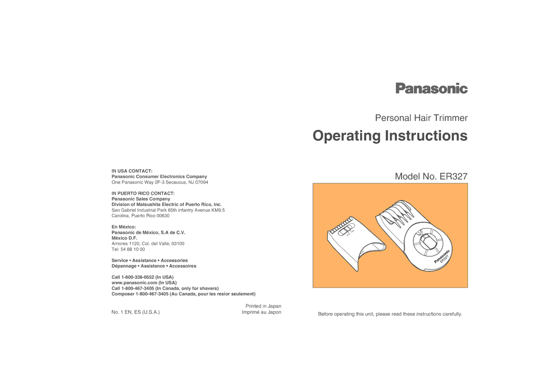 Panasonic ER327 operating instructions Operating Instructions 