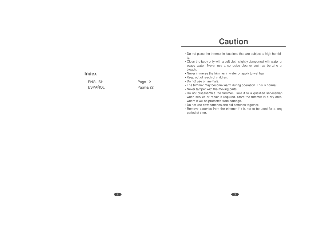 Panasonic ER327 operating instructions Index, English Español 