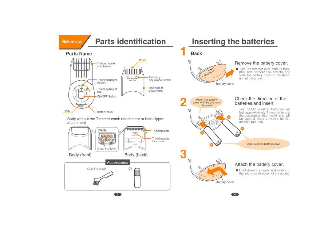 Panasonic ER327 operating instructions Parts identification 