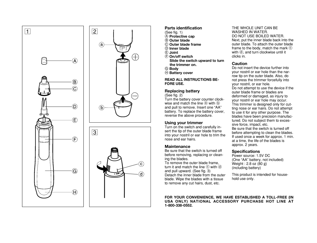 Panasonic ER405/407 Parts identification, Replacing battery, Using your trimmer, Maintenance, Specifications 