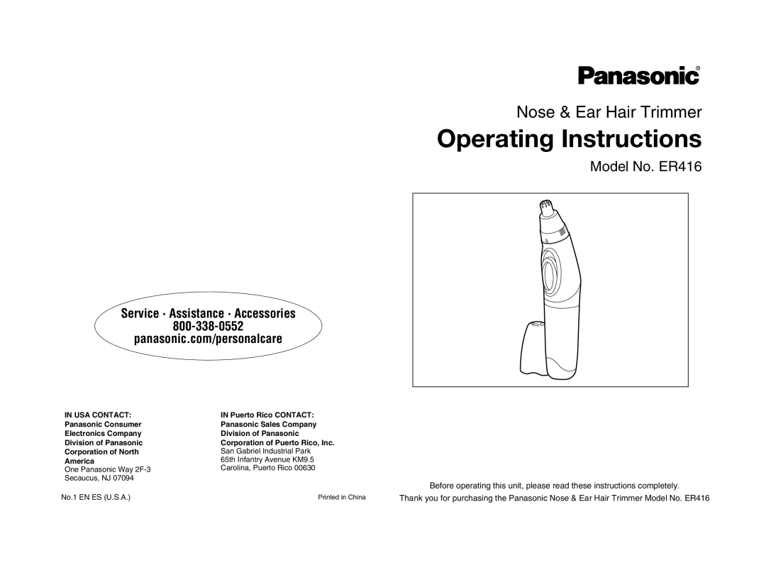 Panasonic operating instructions Operating Instructions, Model No. ER416, ServiceAAssistanceAAccessories, USA Contact 