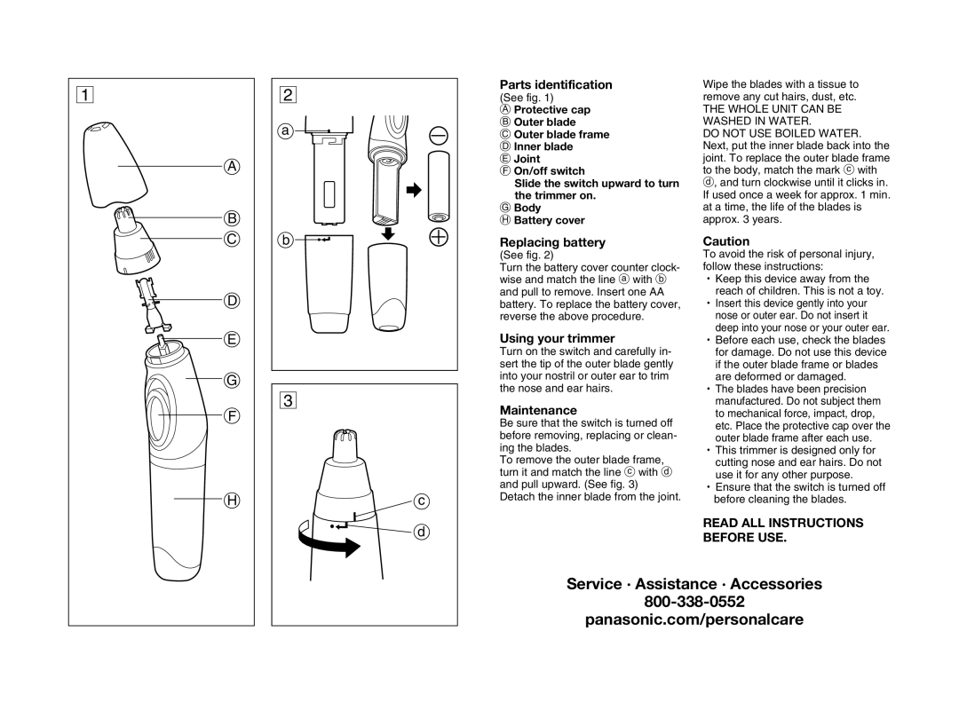 Panasonic ER416 operating instructions Parts identification, Replacing battery, Using your trimmer, Maintenance 