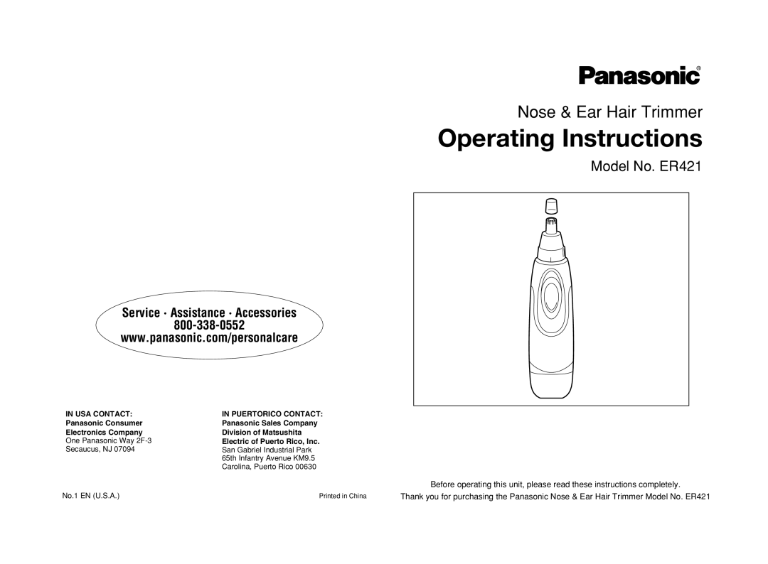 Panasonic ER421 operating instructions Operating Instructions 