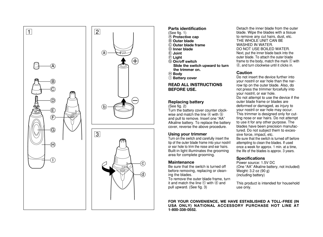 Panasonic ER421 Parts identification, Replacing battery, Using your trimmer, Maintenance, Specifications 