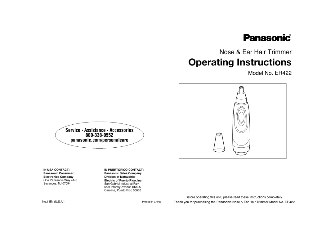 Panasonic ER422 operating instructions Operating Instructions 