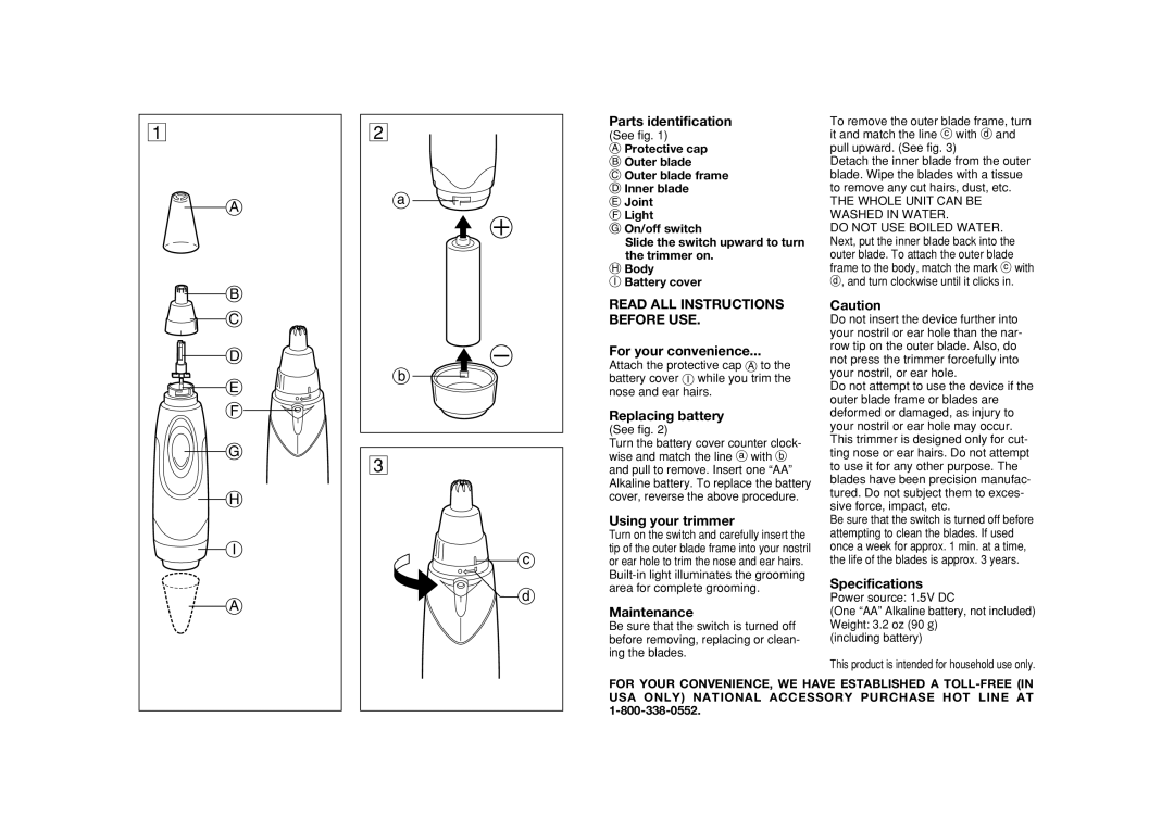 Panasonic ER422 Parts identification, For your convenience, Replacing battery, Using your trimmer, Maintenance 