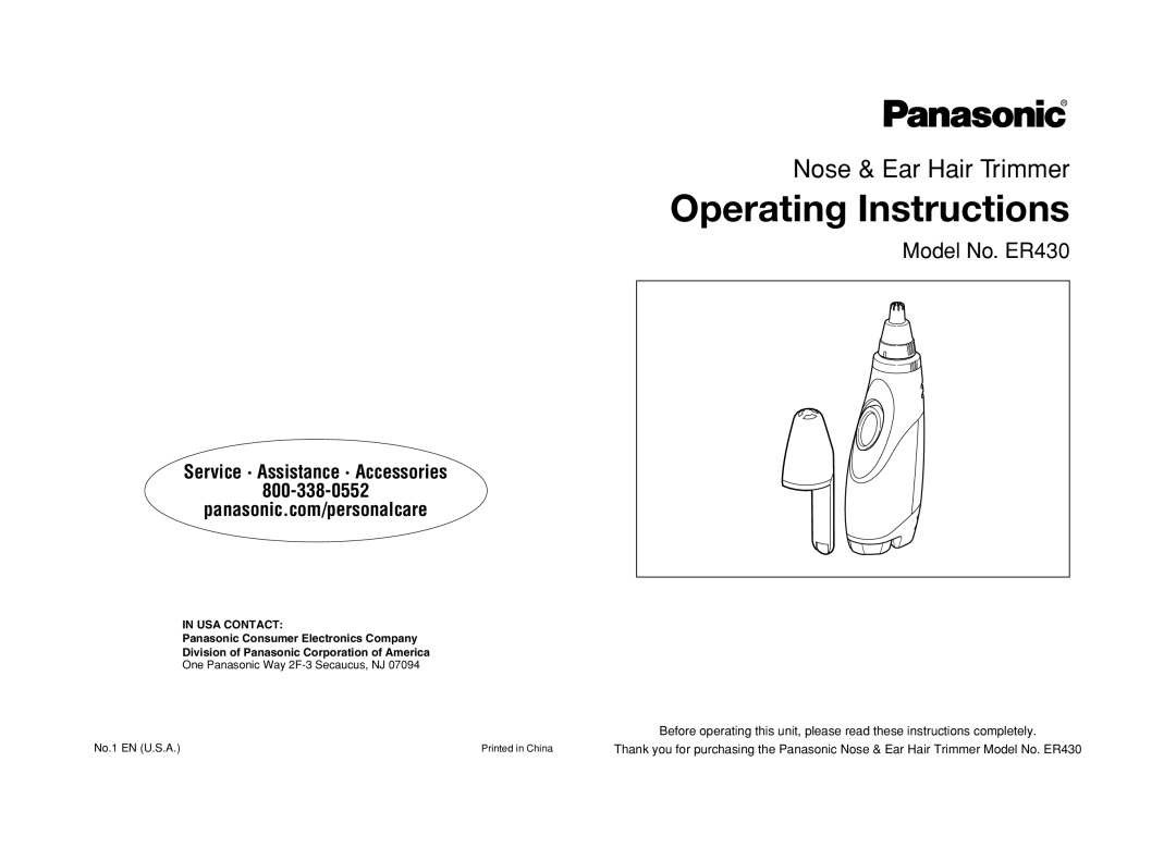 Panasonic ER430K operating instructions Operating Instructions 