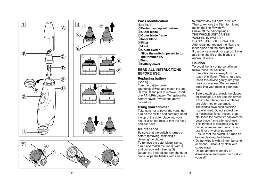 Panasonic ER430K operating instructions Parts identification, Replacing battery, Using your trimmer, Maintenance 