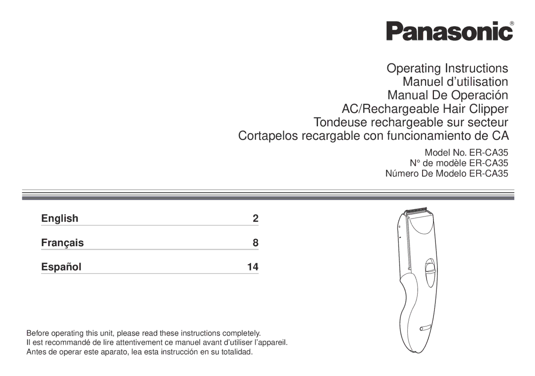 Panasonic ERCA35 operating instructions English Français Español 