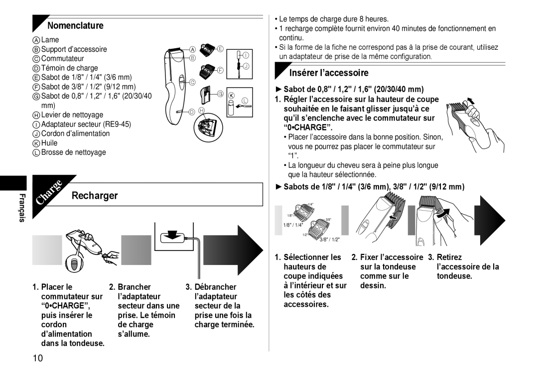 Panasonic ERCA35 operating instructions Nomenclature, Insérer l’accessoire 