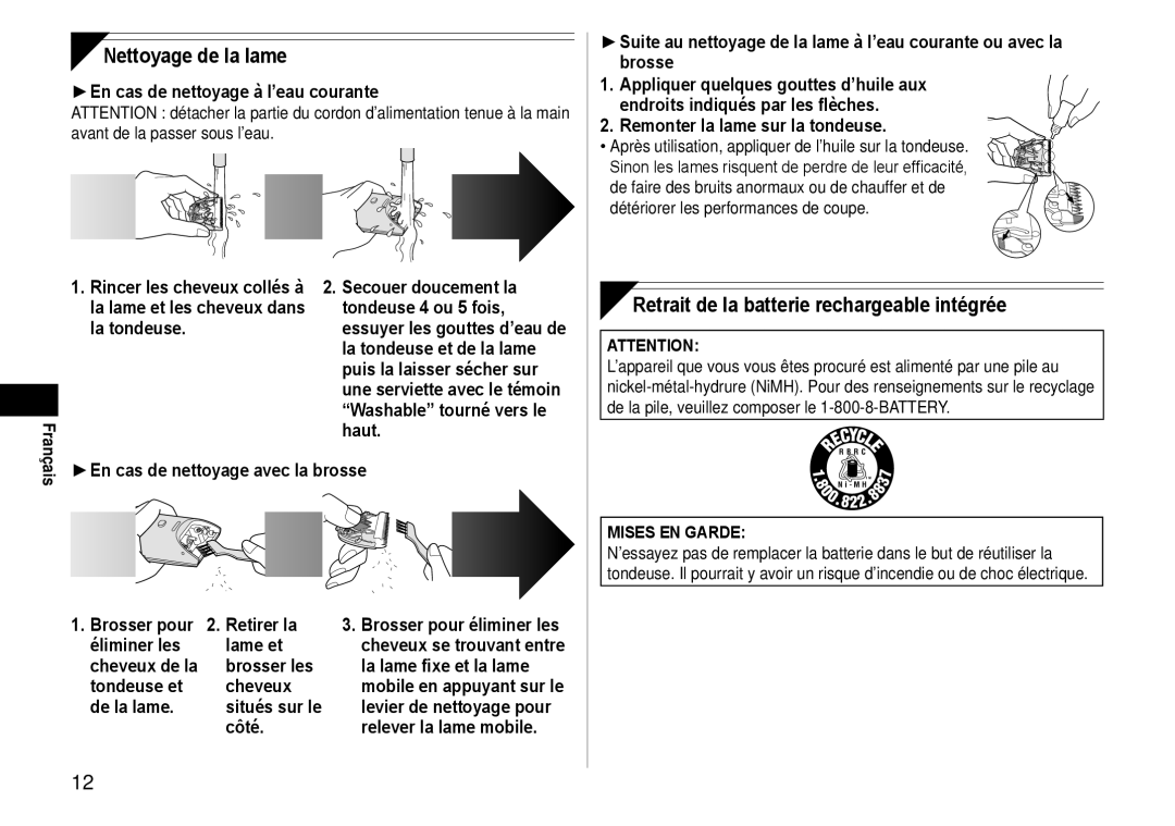 Panasonic ERCA35 operating instructions Nettoyage de la lame, Retrait de la batterie rechargeable intégrée 