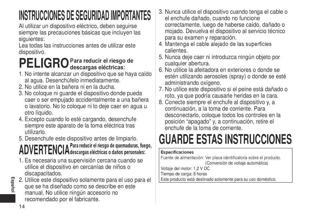 Panasonic ERCA35 operating instructions PELIGROPara reducir el riesgo de descargas eléctricas, Especificaciones 