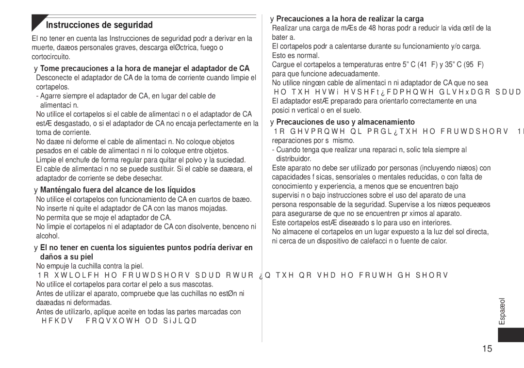 Panasonic ERCA35 operating instructions Instrucciones de seguridad, Manténgalo fuera del alcance de los líquidos 