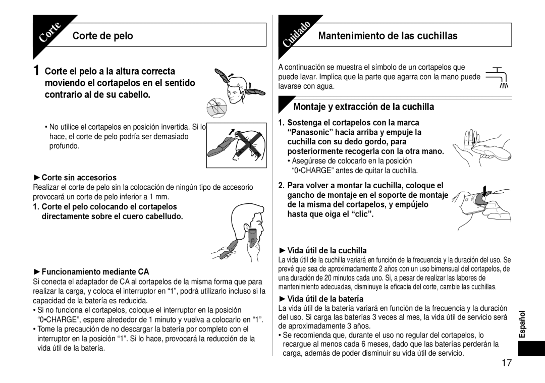 Panasonic ERCA35 Montaje y extracción de la cuchilla, Corte sin accesorios, Funcionamiento mediante CA 