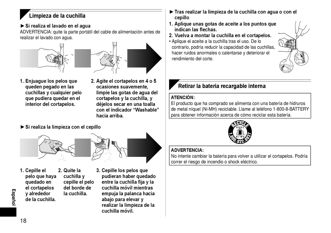 Panasonic ERCA35 operating instructions Limpieza de la cuchilla, Retirar la batería recargable interna 