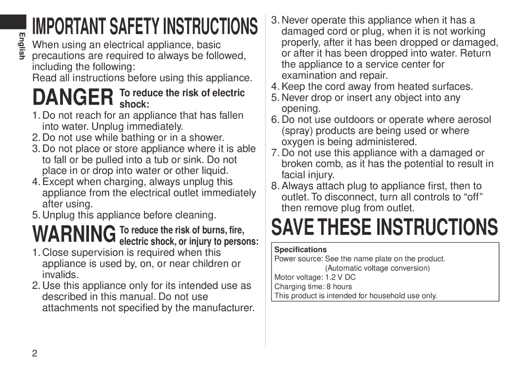 Panasonic ERCA35 operating instructions Important Safety Instructions 