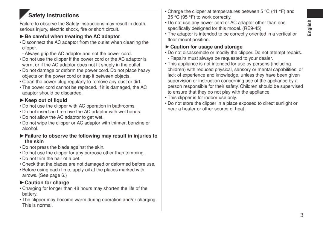 Panasonic ERCA35 operating instructions Safety instructions, Be careful when treating the AC adaptor, Keep out of liquid 