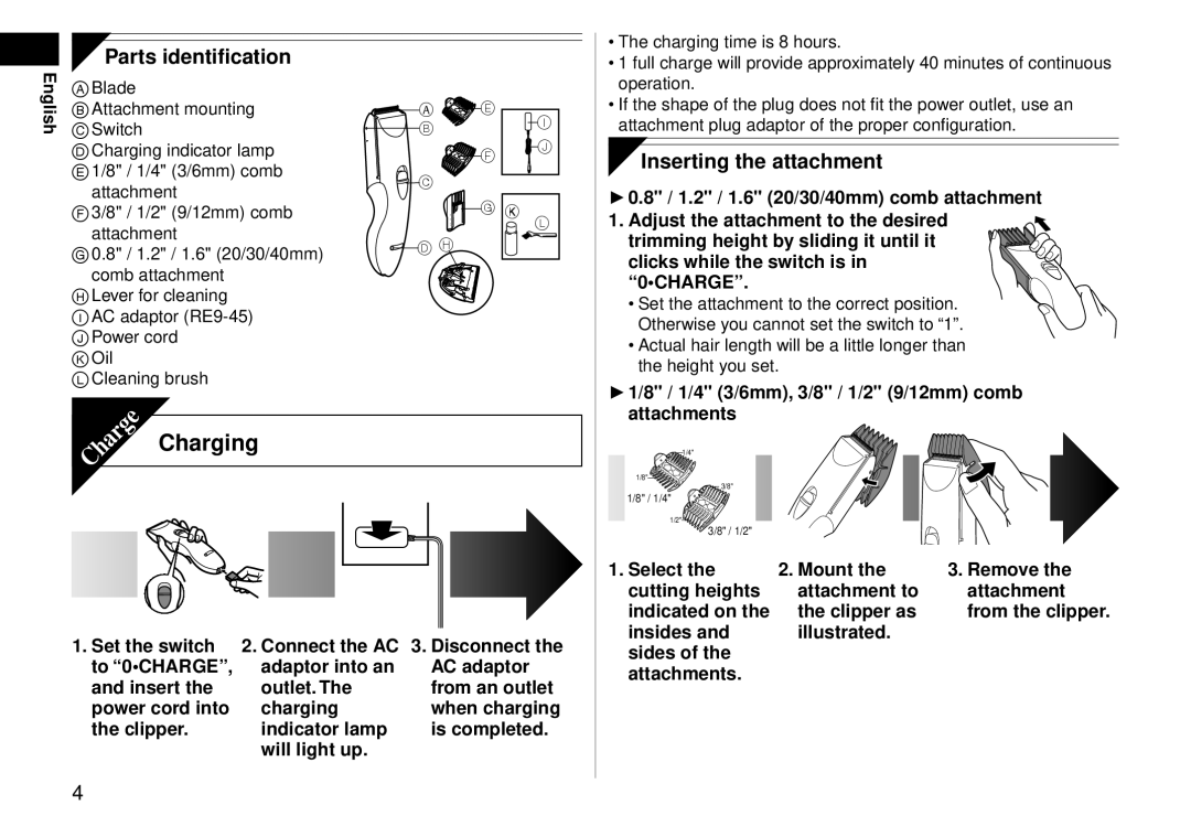 Panasonic ERCA35 operating instructions Parts identification, Inserting the attachment 