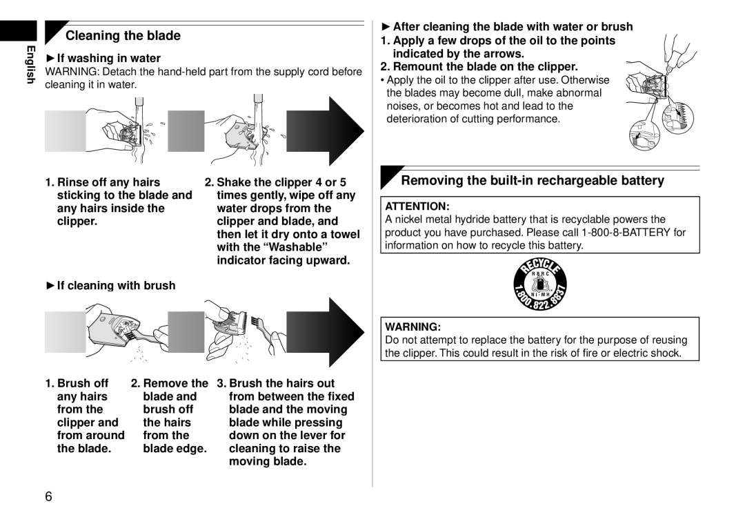 Panasonic ERCA35 operating instructions Cleaning the blade, Removing the built-in rechargeable battery 