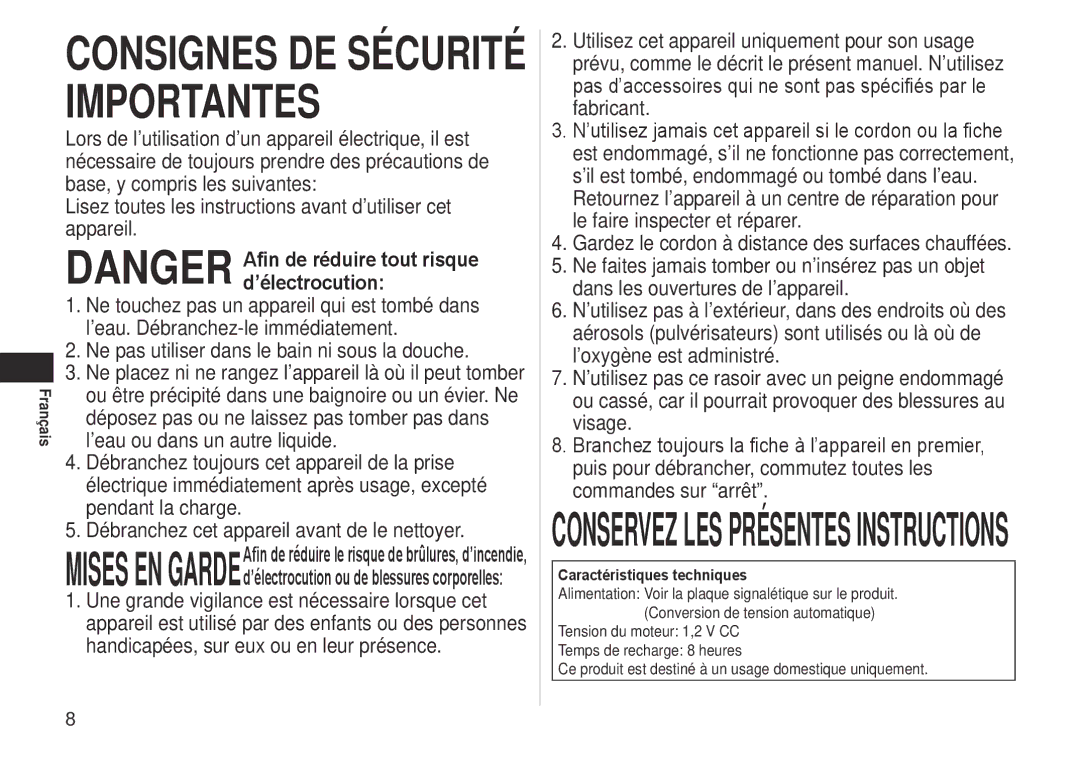 Panasonic ERCA35 operating instructions Consignes DE Sécurité Importantes, Caractéristiques techniques 