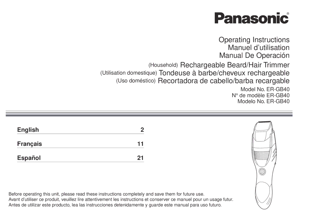 Panasonic ERGB40 operating instructions English Français Español 