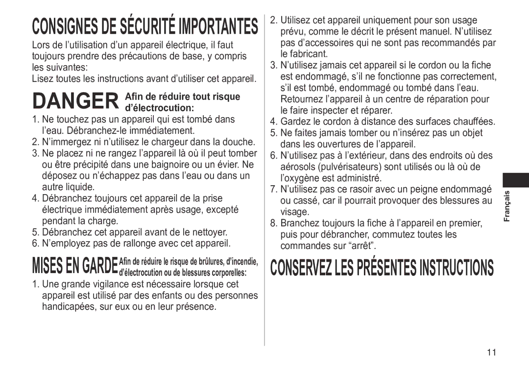 Panasonic ERGB40 operating instructions Consignes DE Sécurité Importantes,  Français 