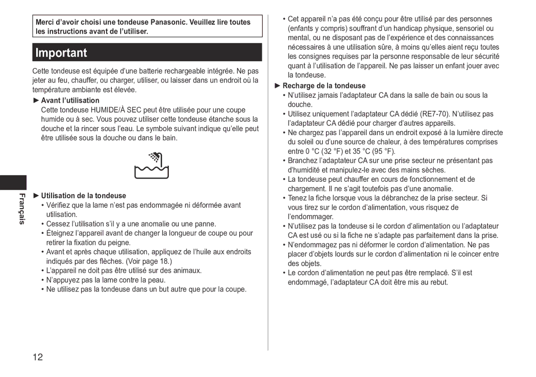 Panasonic ERGB40 operating instructions Avant l’utilisation, Utilisation de la tondeuse, Recharge de la tondeuse 