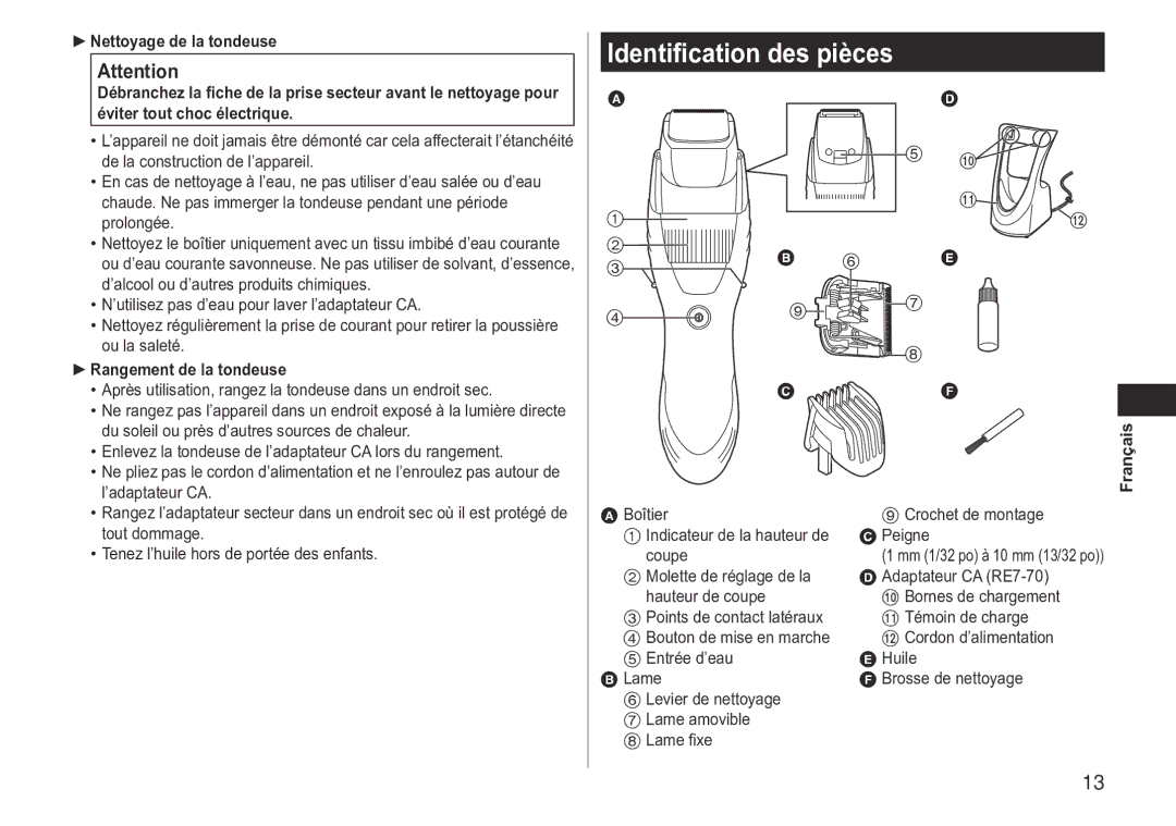 Panasonic ERGB40 operating instructions Identification des pièces, Rangement de la tondeuse, Français 