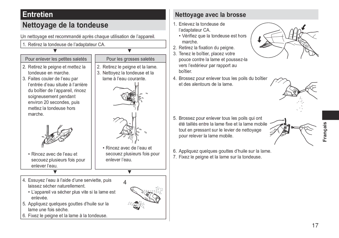 Panasonic ERGB40 operating instructions Entretien, Nettoyage de la tondeuse, Nettoyage avec la brosse 