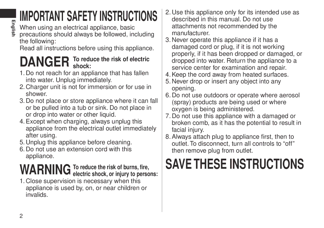 Panasonic ERGB40 operating instructions Important Safety Instructions, English 