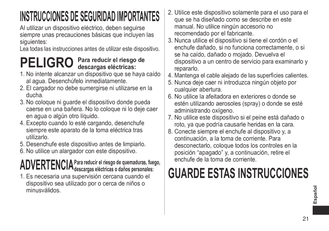 Panasonic ERGB40 operating instructions Peligro Para reducir el riesgo de descargas eléctricas, Español 