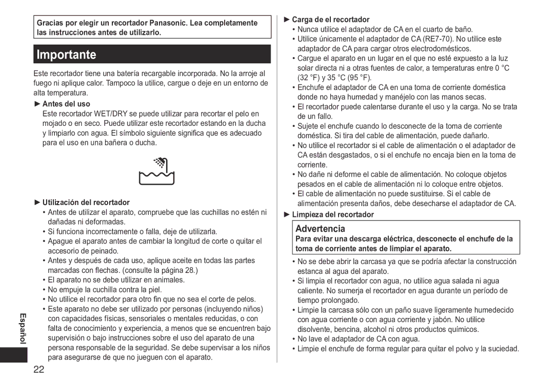 Panasonic ERGB40 operating instructions Importante, Advertencia 