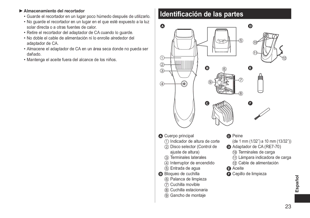 Panasonic ERGB40 operating instructions Identificación de las partes, Almacenamiento del recortador 