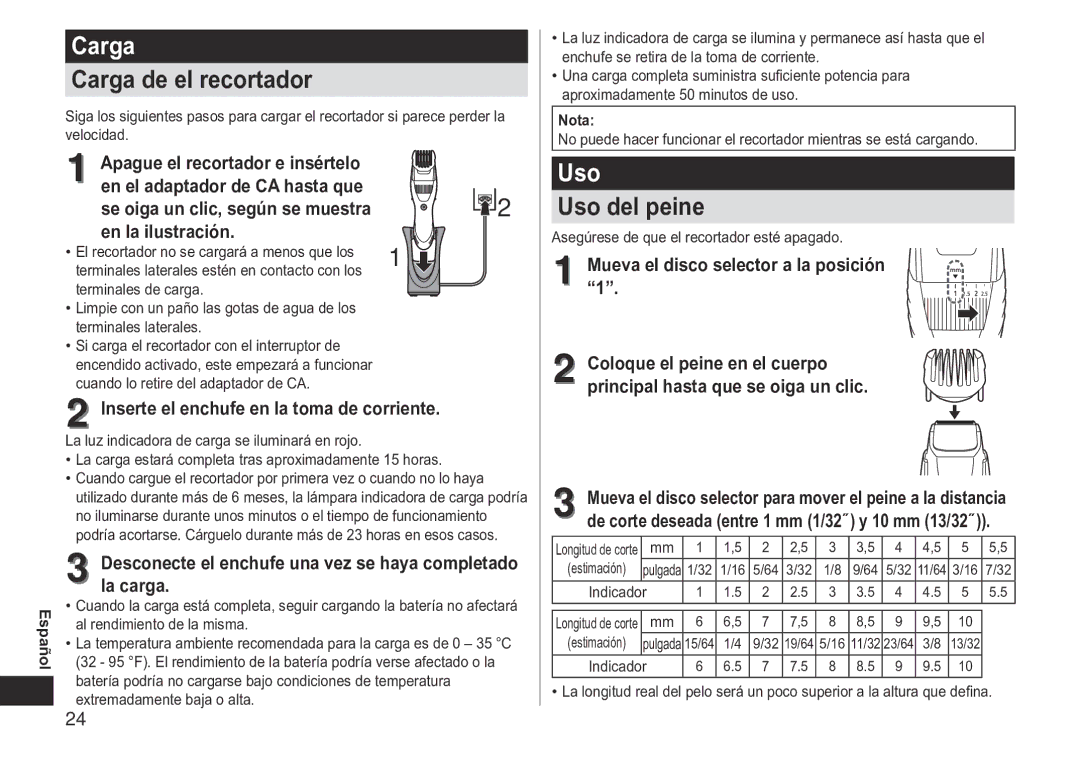 Panasonic ERGB40 operating instructions Carga de el recortador, Uso del peine 