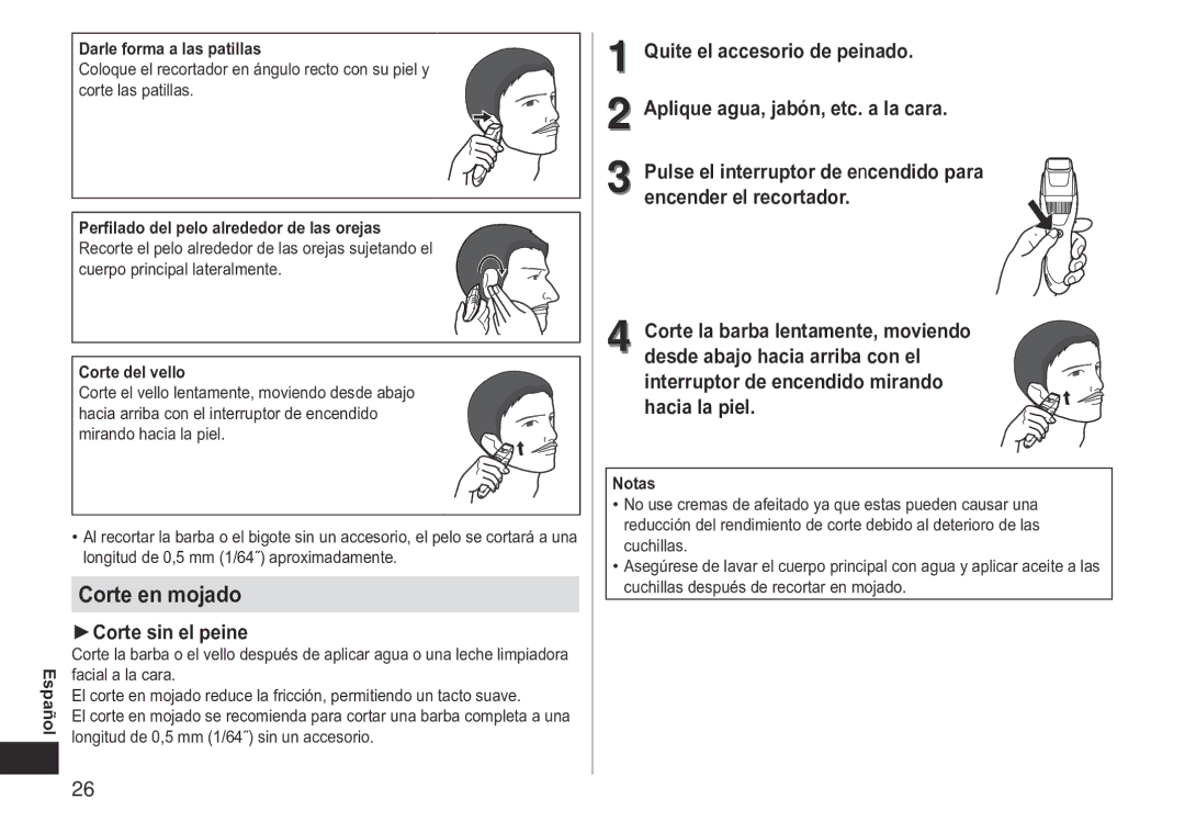 Panasonic ERGB40 operating instructions Corte en mojado, Español Darle forma a las patillas, Notas 