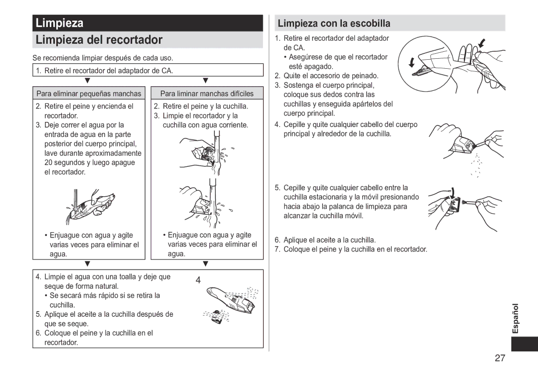 Panasonic ERGB40 operating instructions Limpieza del recortador, Limpieza con la escobilla 