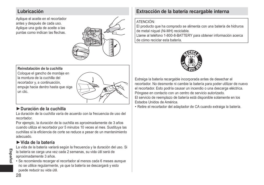 Panasonic ERGB40 Lubricación, Extracción de la batería recargable interna, Duración de la cuchilla, Vida de la batería 