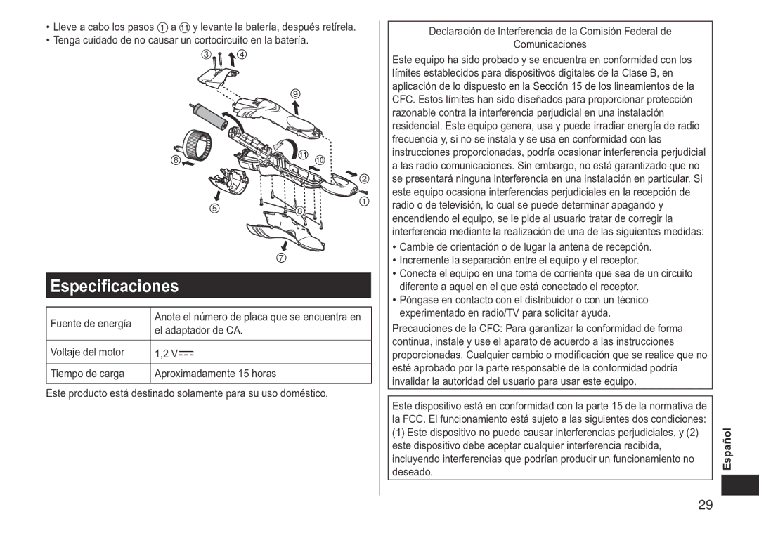 Panasonic ERGB40 operating instructions Especificaciones 