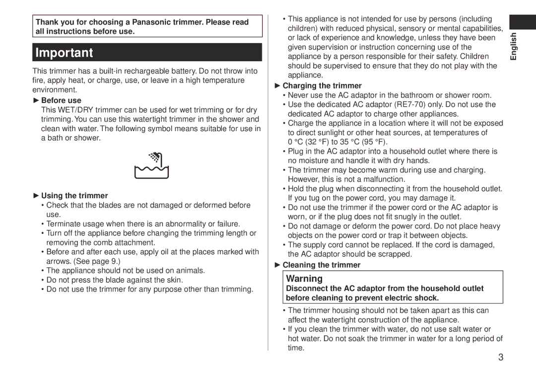 Panasonic ERGB40 operating instructions Before use, Using the trimmer, Charging the trimmer,  English 