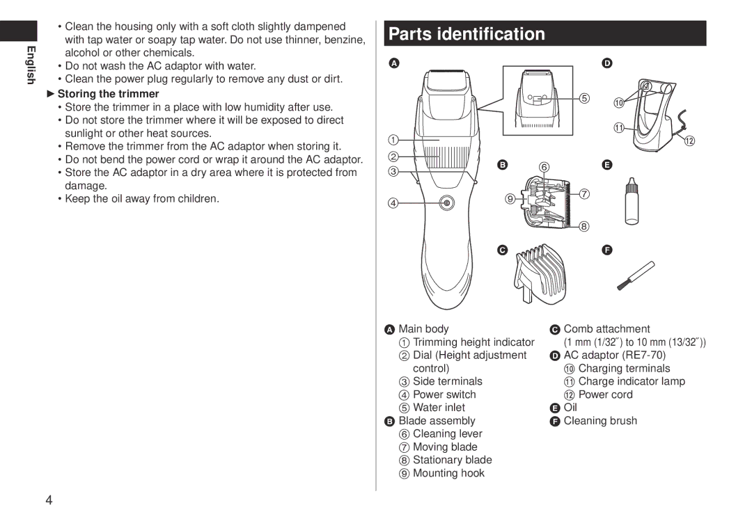 Panasonic ERGB40 operating instructions Parts identification, Storing the trimmer 