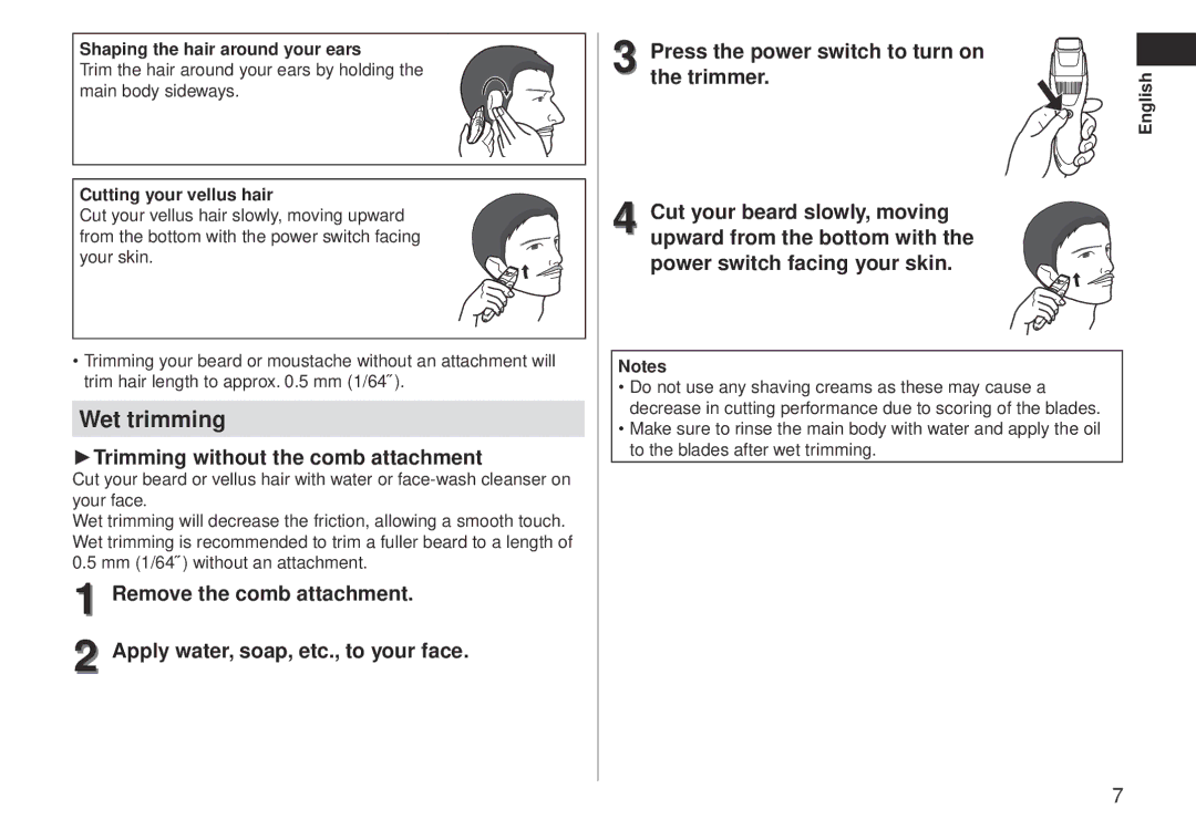 Panasonic ERGB40 operating instructions Shaping the hair around your ears, Cutting your vellus hair 