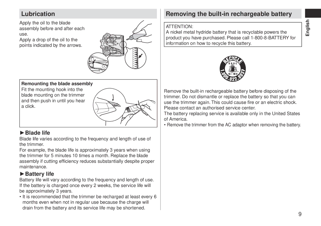 Panasonic ERGB40 operating instructions Lubrication, Remounting the blade assembly 