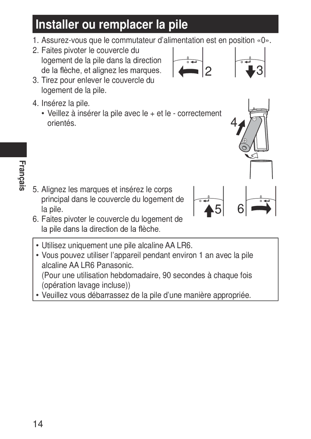 Panasonic ERGN30K operating instructions Installer ou remplacer la pile 