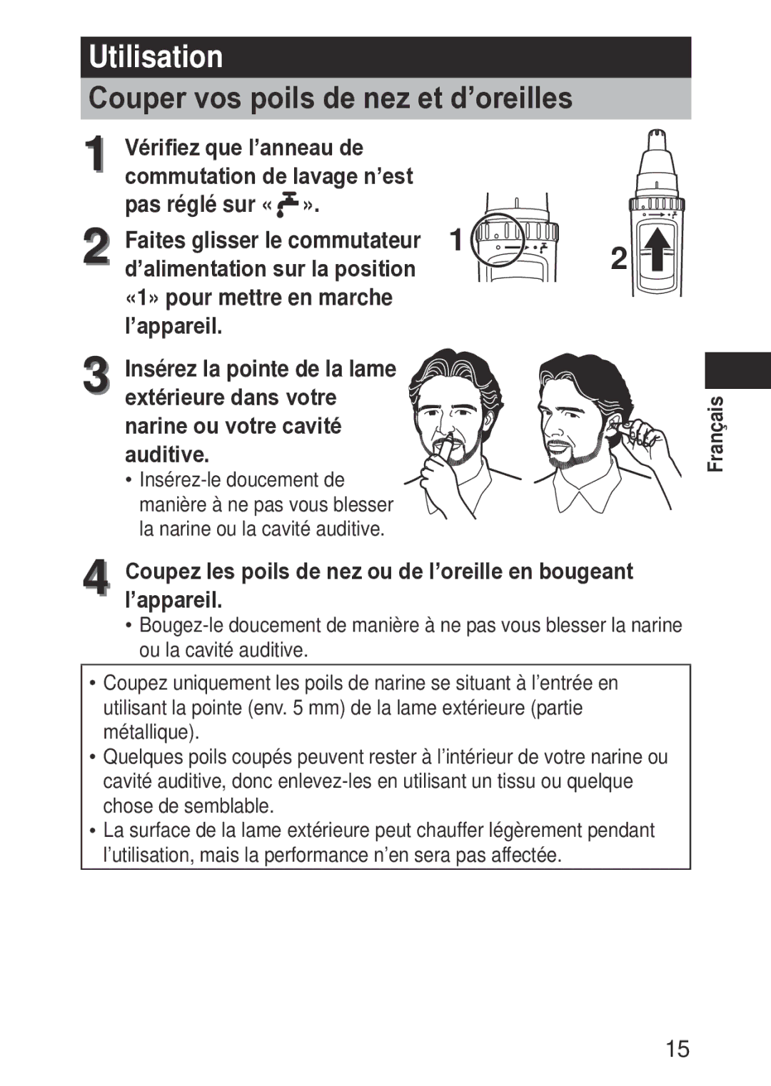 Panasonic ERGN30K operating instructions Utilisation, Couper vos poils de nez et d’oreilles, Commutation de lavage n’est 