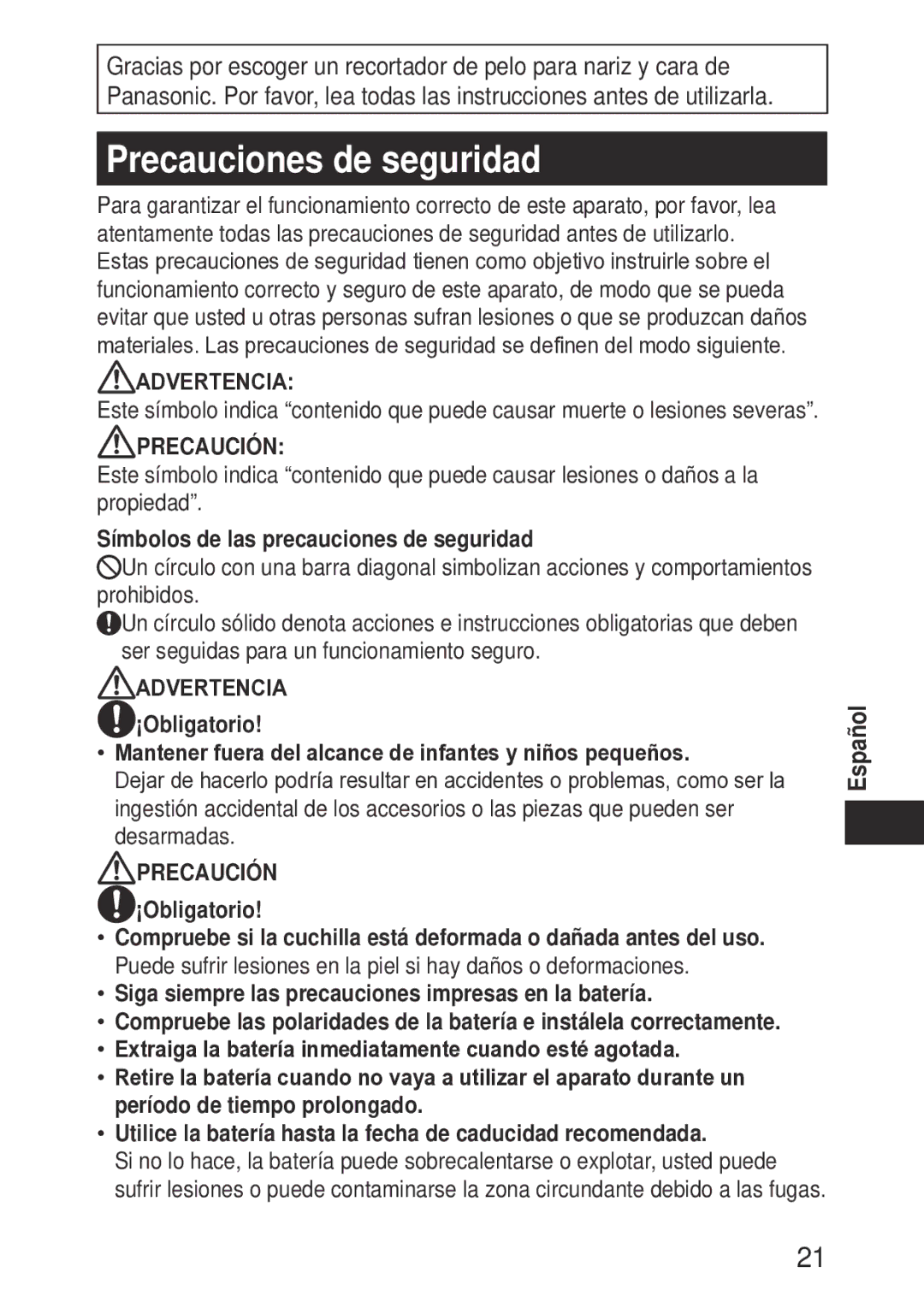 Panasonic ERGN30K operating instructions Precauciones de seguridad, Precaución 